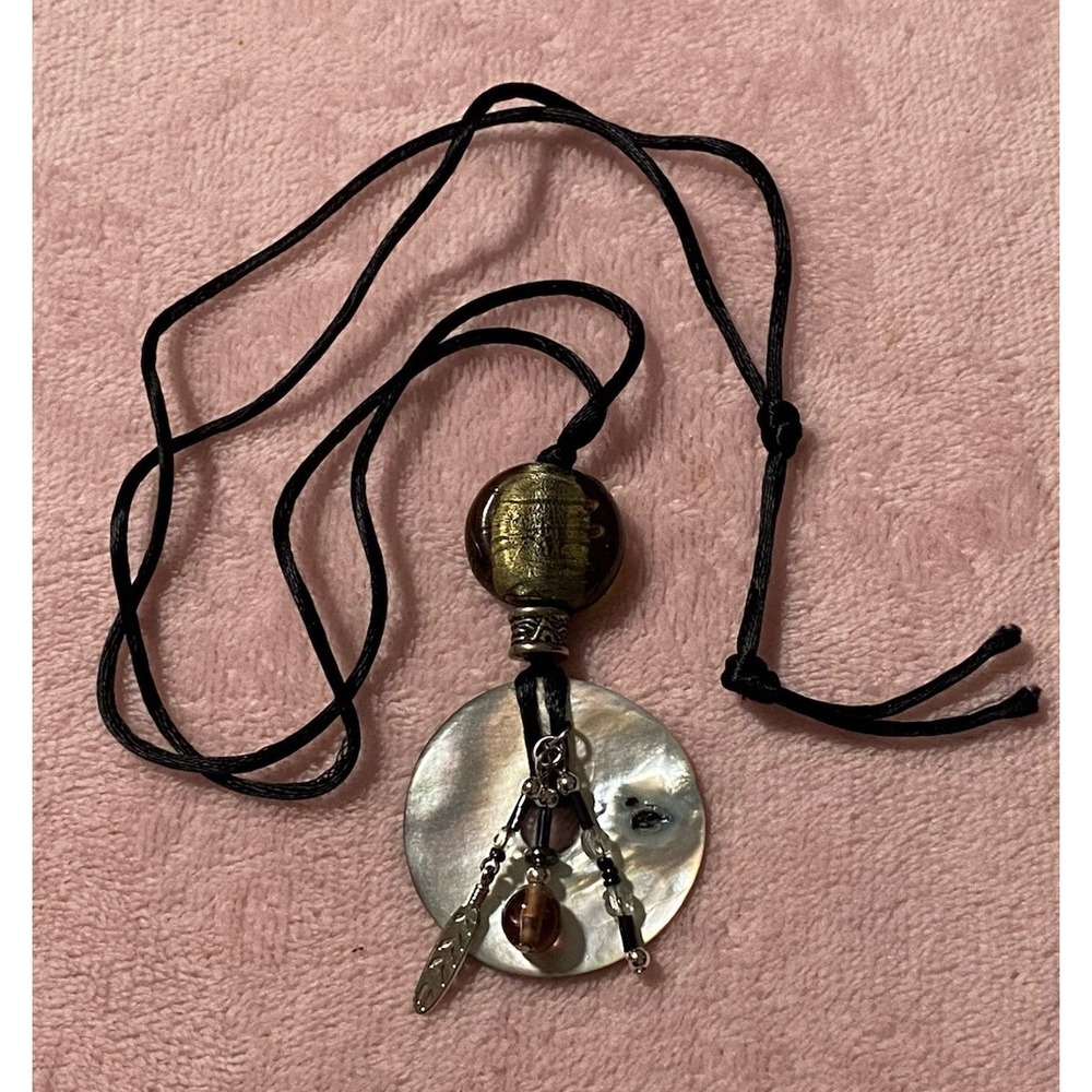 Mother of Pearl Round Pendant With Charms Necklace Black Cord Beachy Boho Hippie